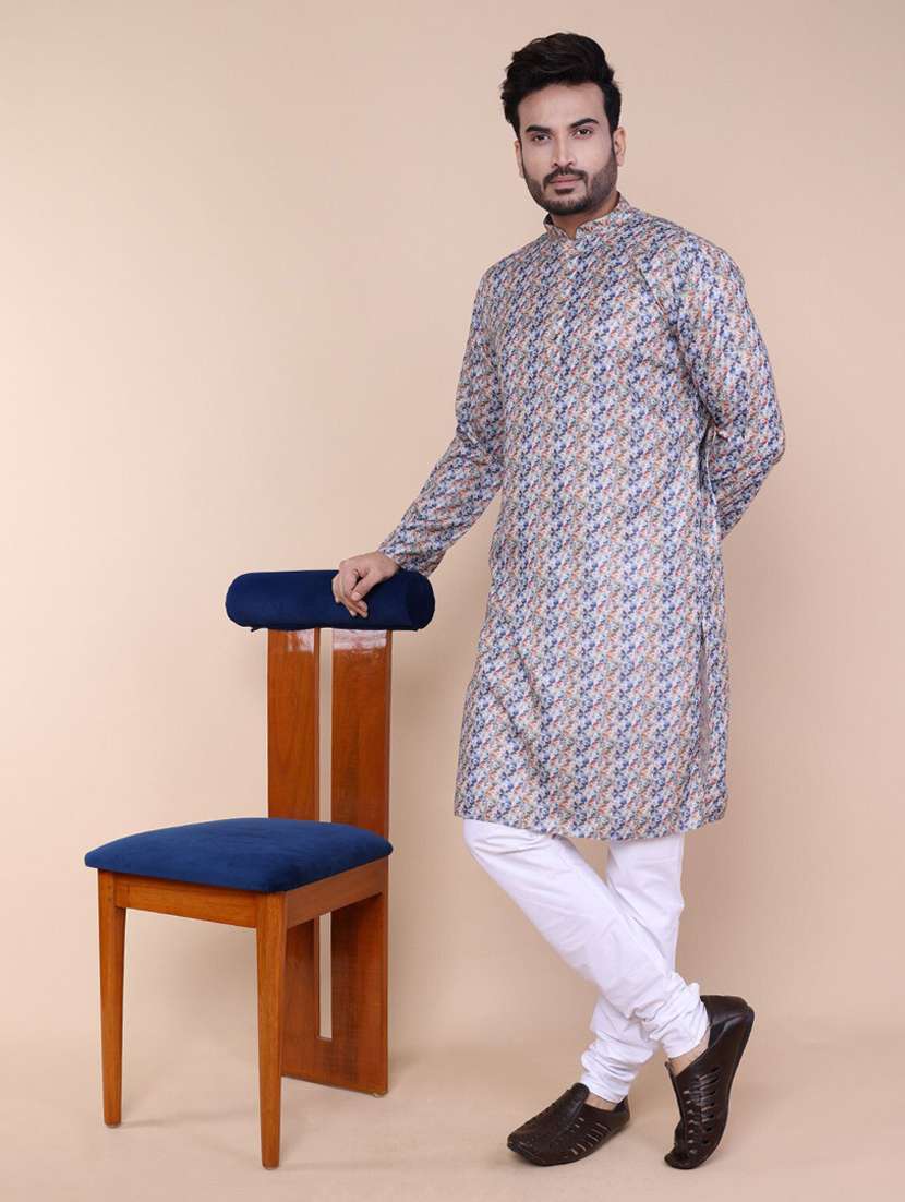 men printed mandarin neck long kurta