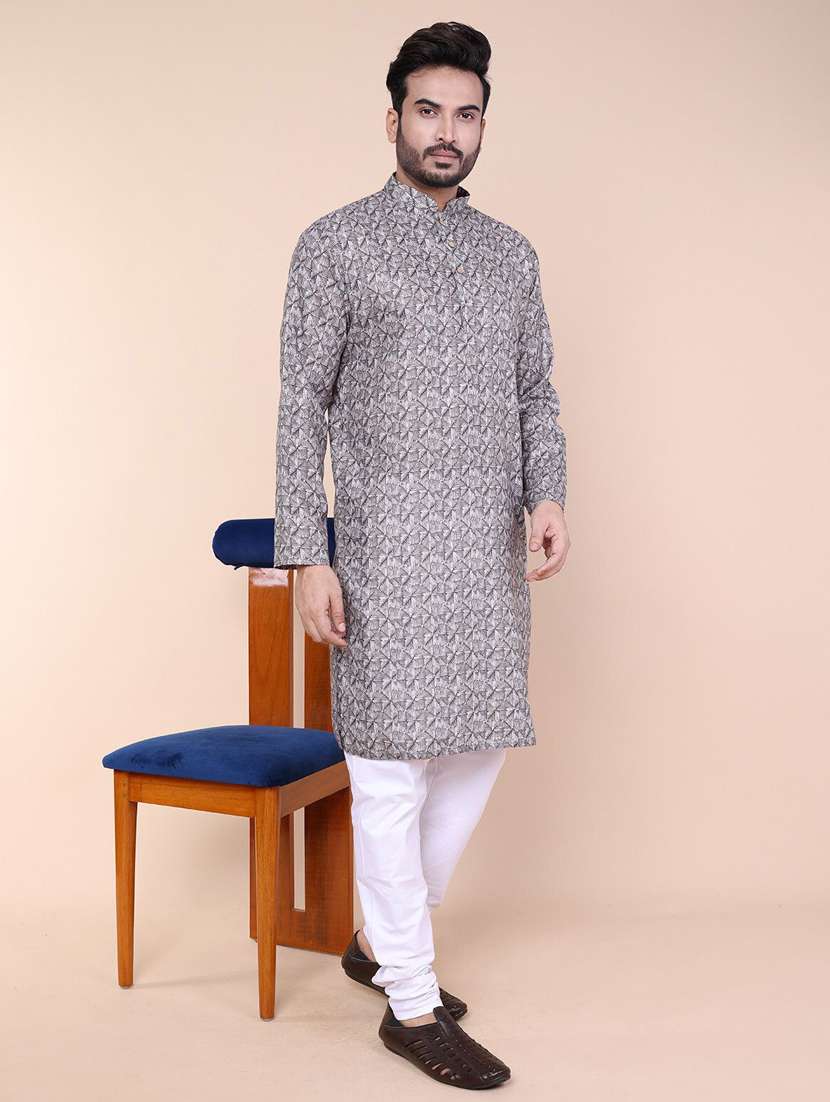 men printed mandarin neck long kurta