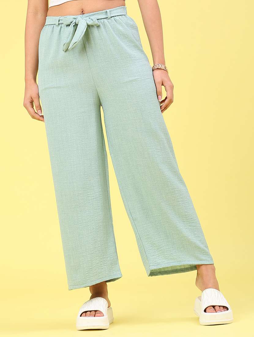 women solid high rise wide leg trouser