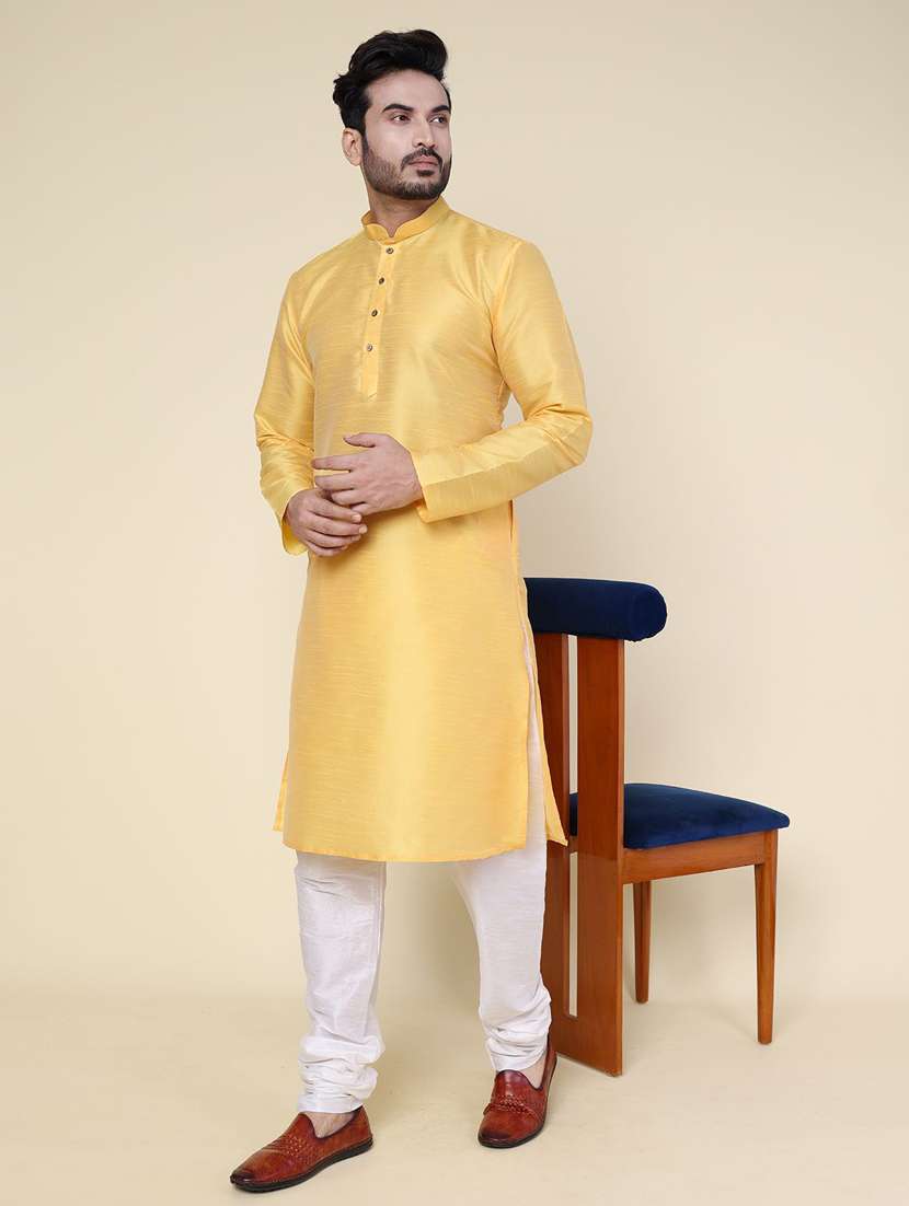men solid long sleeve kurta churidar ethnic wear set