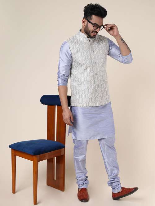 men solid mandarin neck kurta pyjama with jacket ethnic wear set - 22227986 -  Standard Image - 0