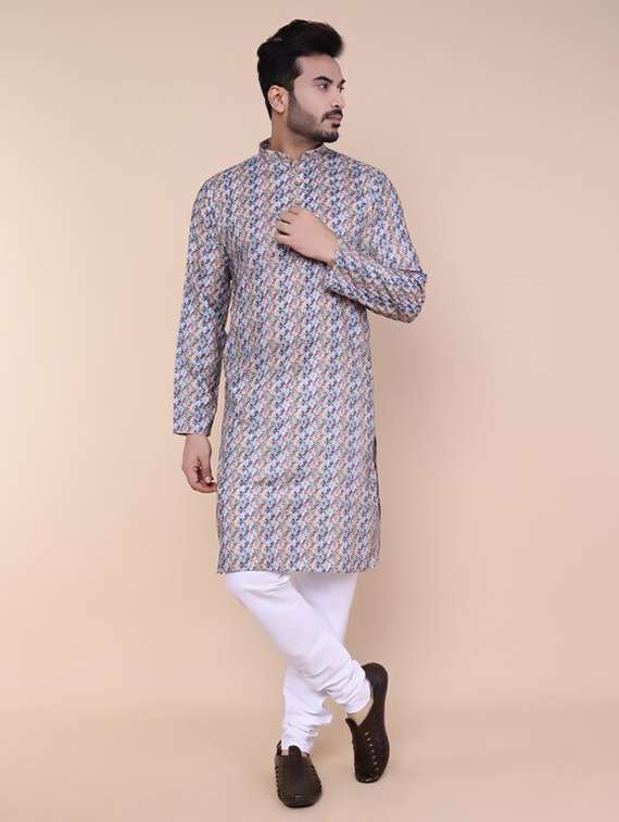men printed mandarin neck kurta churidar set