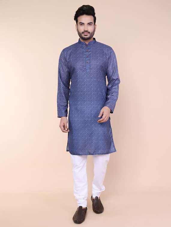 men printed mandarin neck kurta churidar ethnic wear set