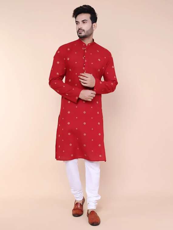 men self design long sleeve kurta churidar ethnic wear set