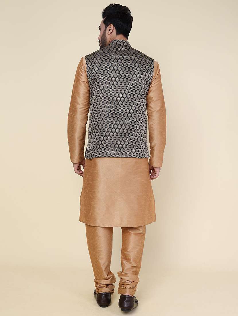 men solid mandarin neck kurta pyjama with jacket ethnic wear set - 22227996 -  Standard Image - 3