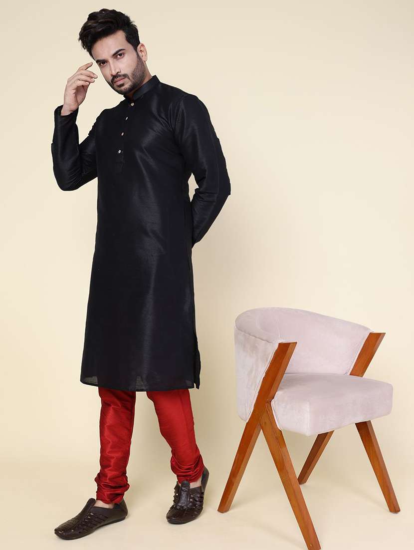 men solid long sleeve kurta churidar ethnic wear set