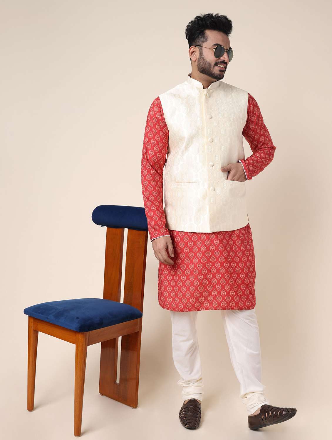 men printed mandarin neck kurta pyjama with jacket ethnic wear set