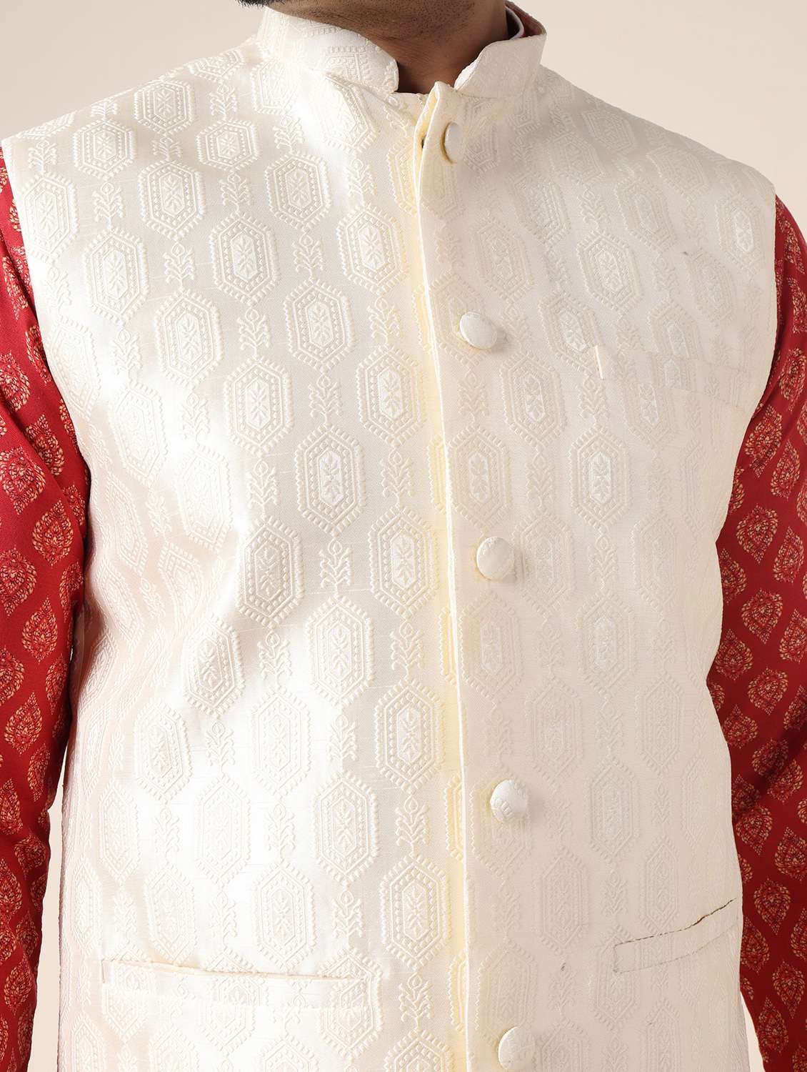 men printed mandarin neck kurta pyjama with jacket ethnic wear set - 22228002 -  Standard Image - 5