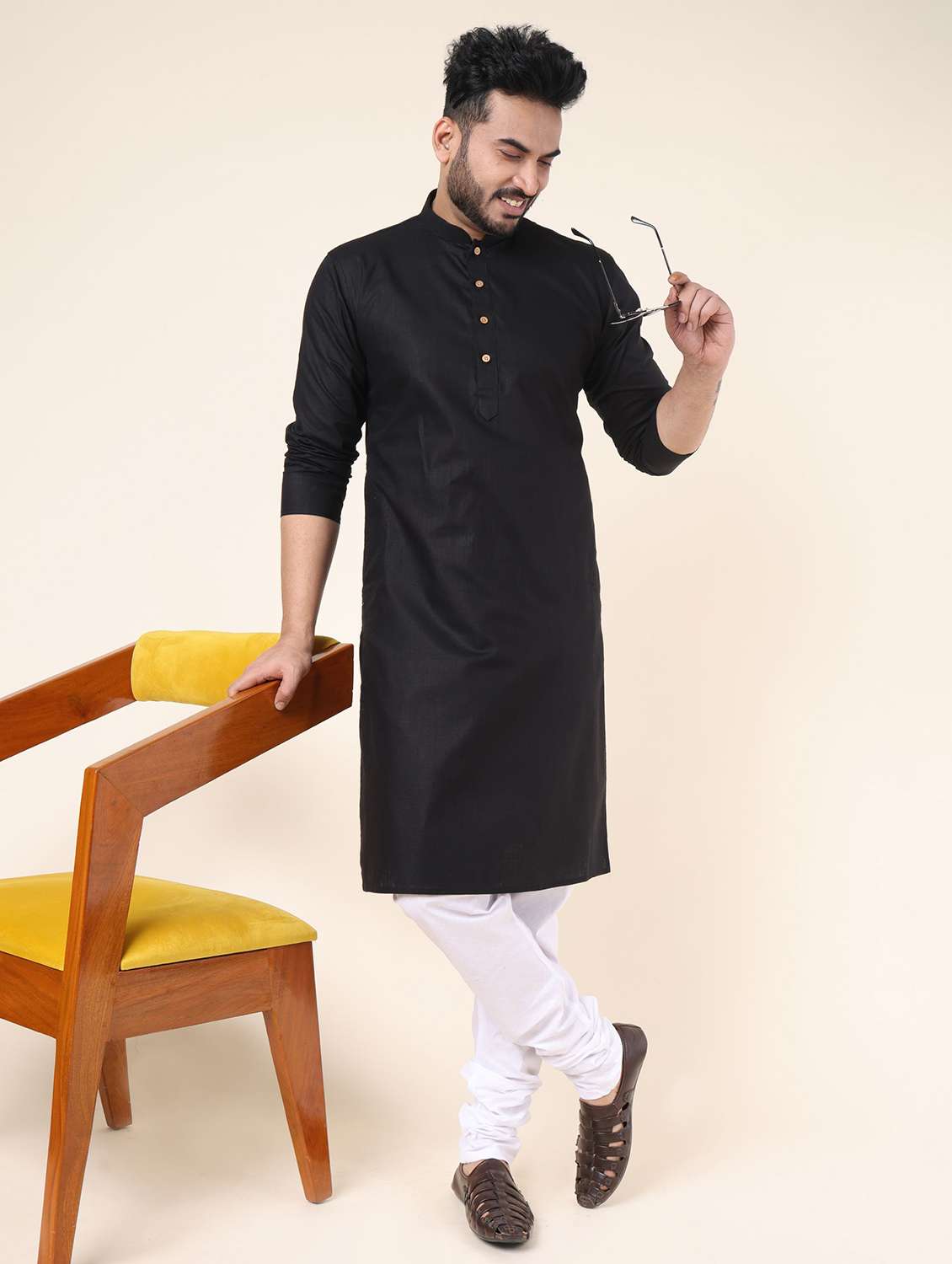 men solid long sleeve kurta churidar ethnic wear set