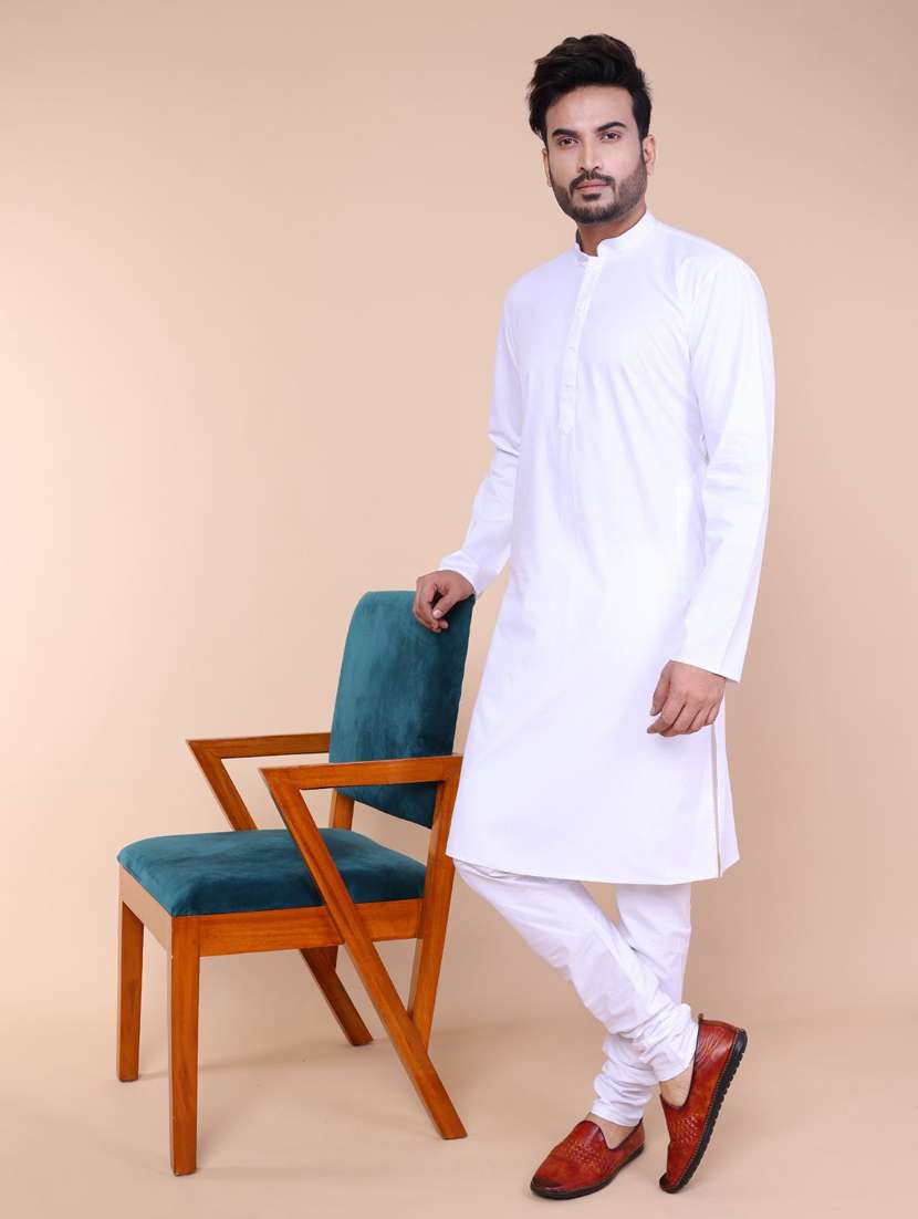 men solid long sleeve kurta churidar ethnic wear set