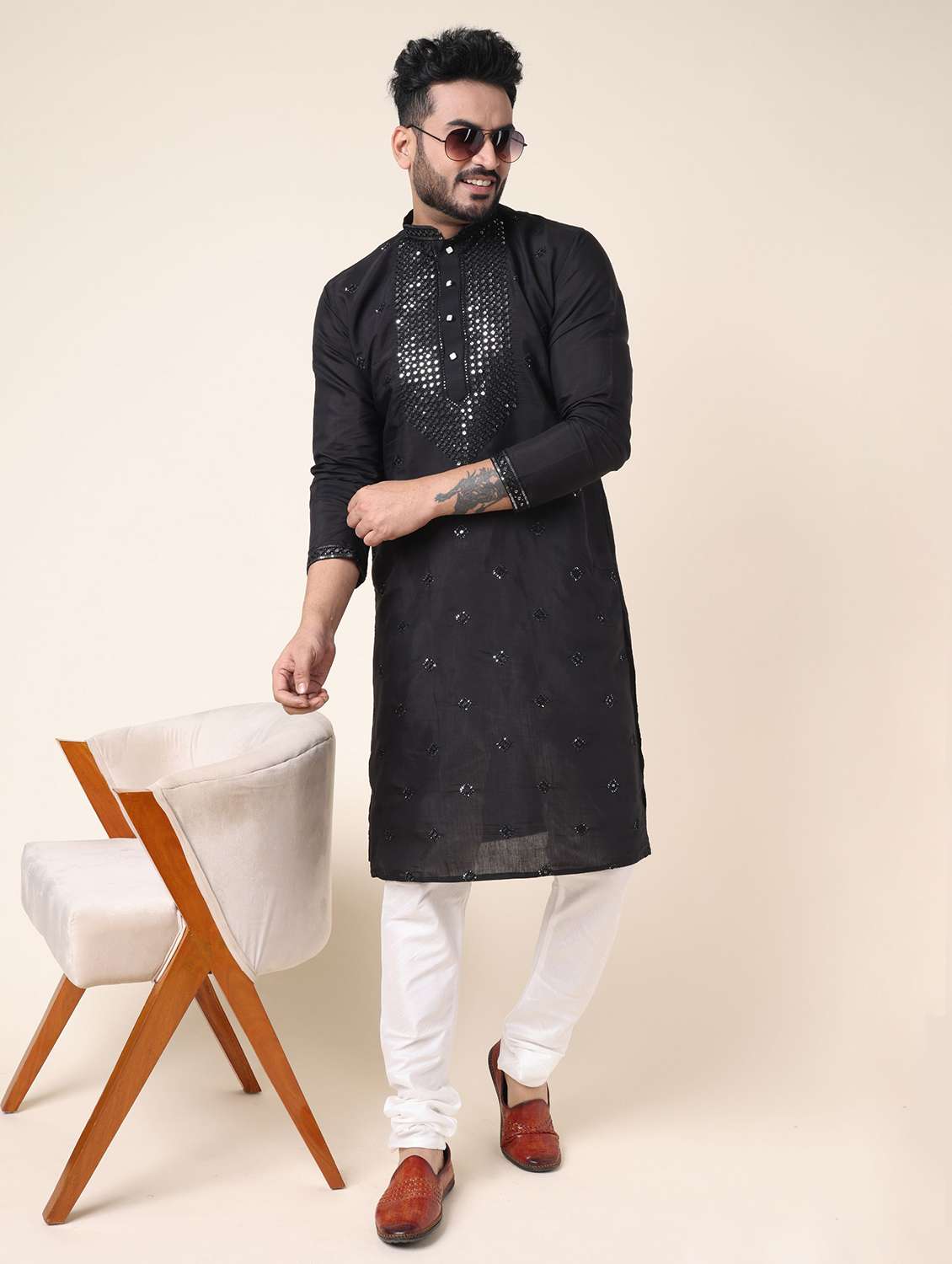 men solid with work long sleeve kurta churidar ethnic wear set