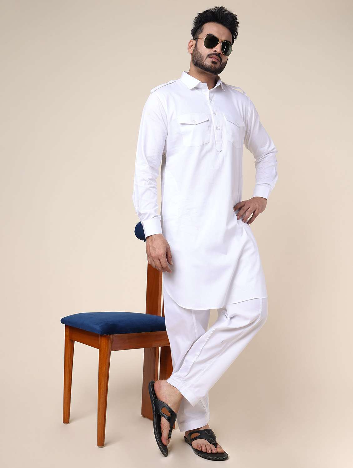 men solid long sleeve pathani ethnic wear set