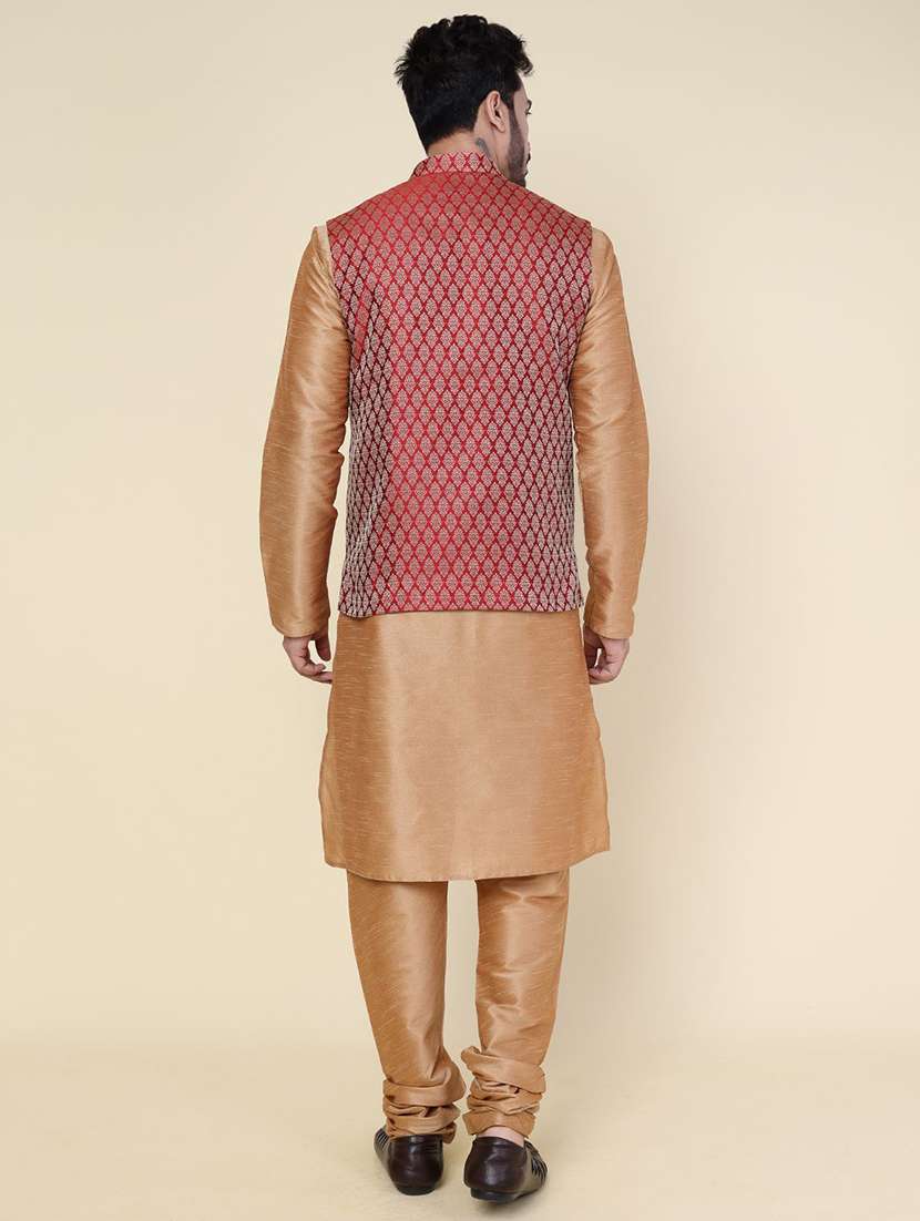 men solid mandarin neck kurta pyjama with jacket ethnic wear set - 22228019 -  Standard Image - 3