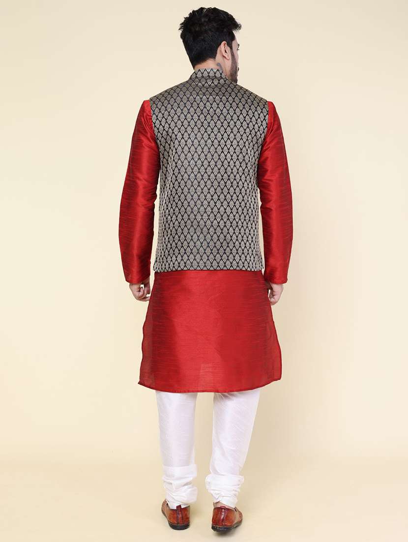 men solid mandarin neck kurta pyjama with jacket ethnic wear set - 22228023 -  Standard Image - 3