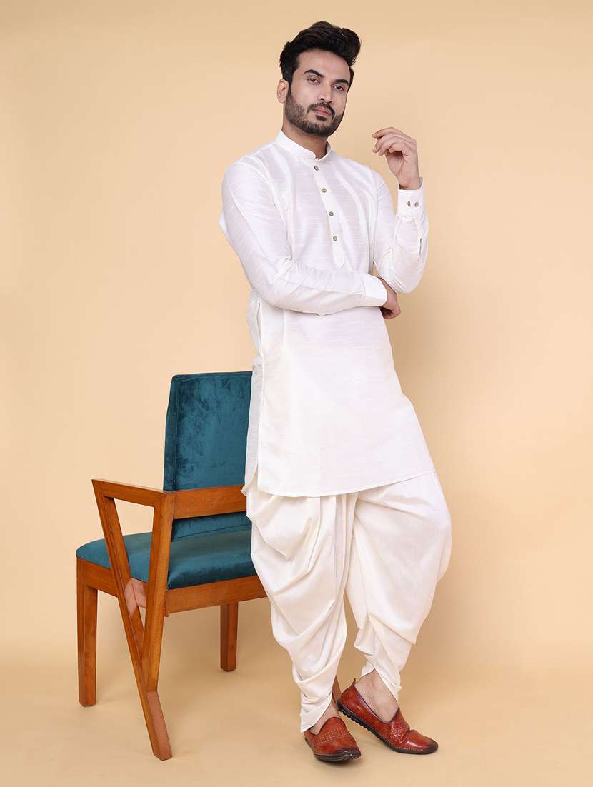 men solid mandarin neck dhoti kurta ethnic wear set