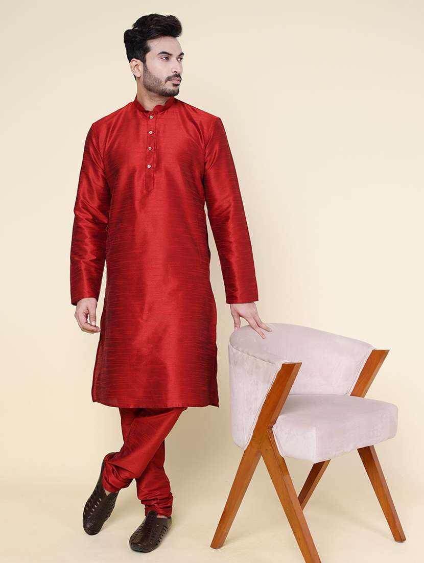 men solid long sleeve kurta churidar ethnic wear set