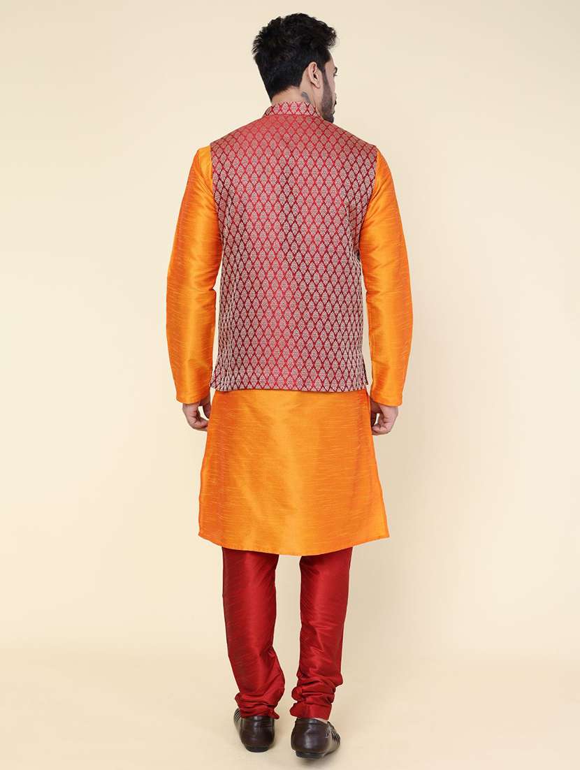 men solid mandarin neck kurta pyjama with jacket ethnic wear set - 22228036 -  Standard Image - 3