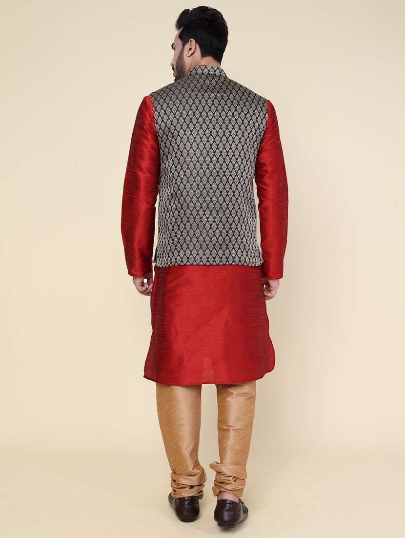 men solid mandarin neck kurta pyjama with jacket ethnic wear set - 22228039 -  Standard Image - 3