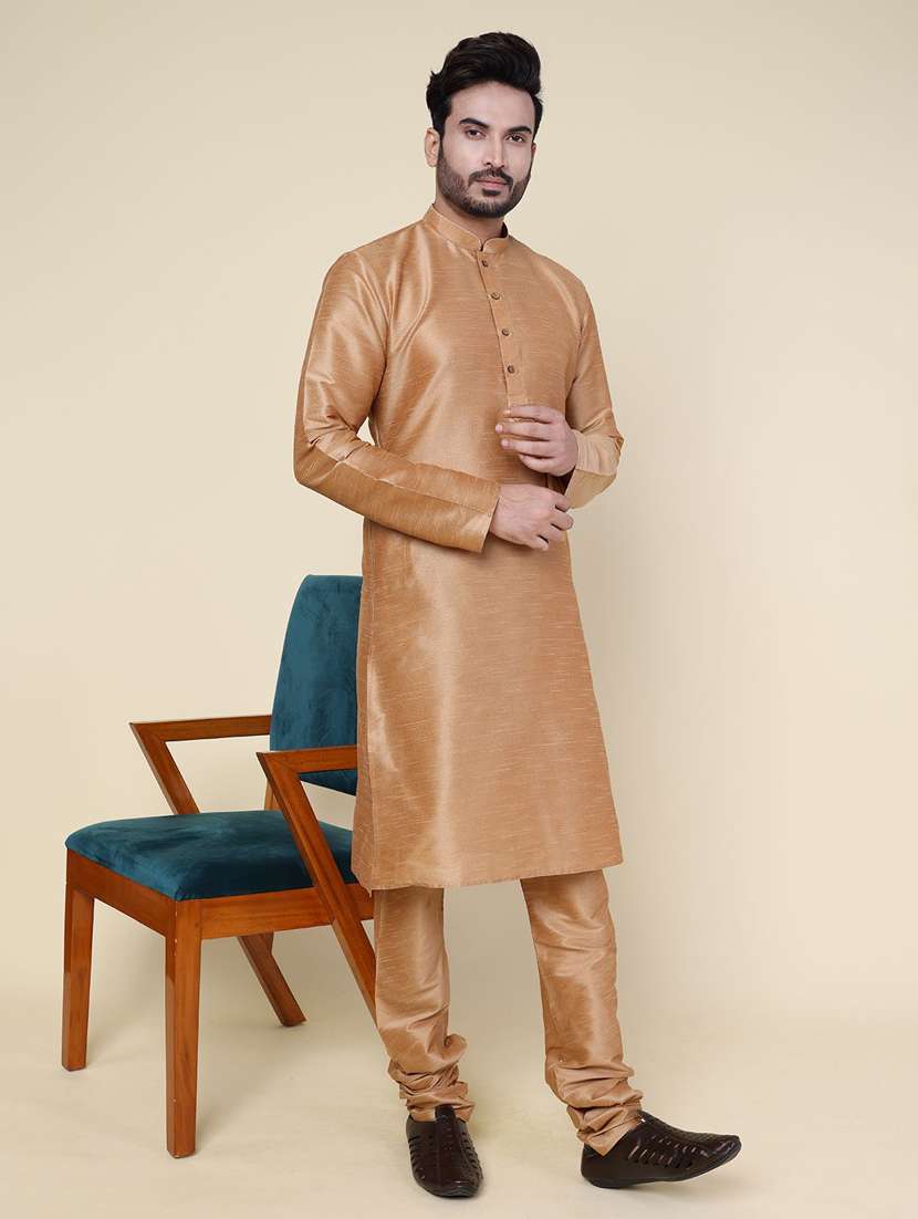 men solid long sleeve kurta churidar ethnic wear set