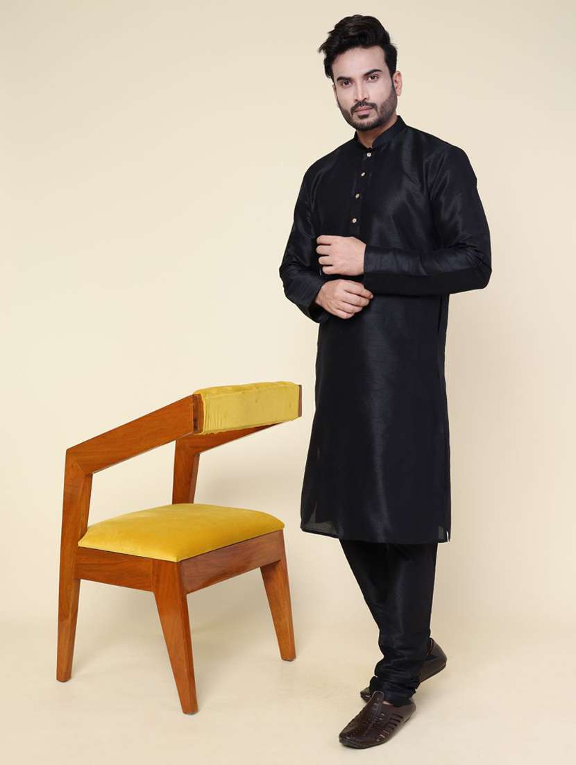 men solid long sleeve kurta churidar ethnic wear set