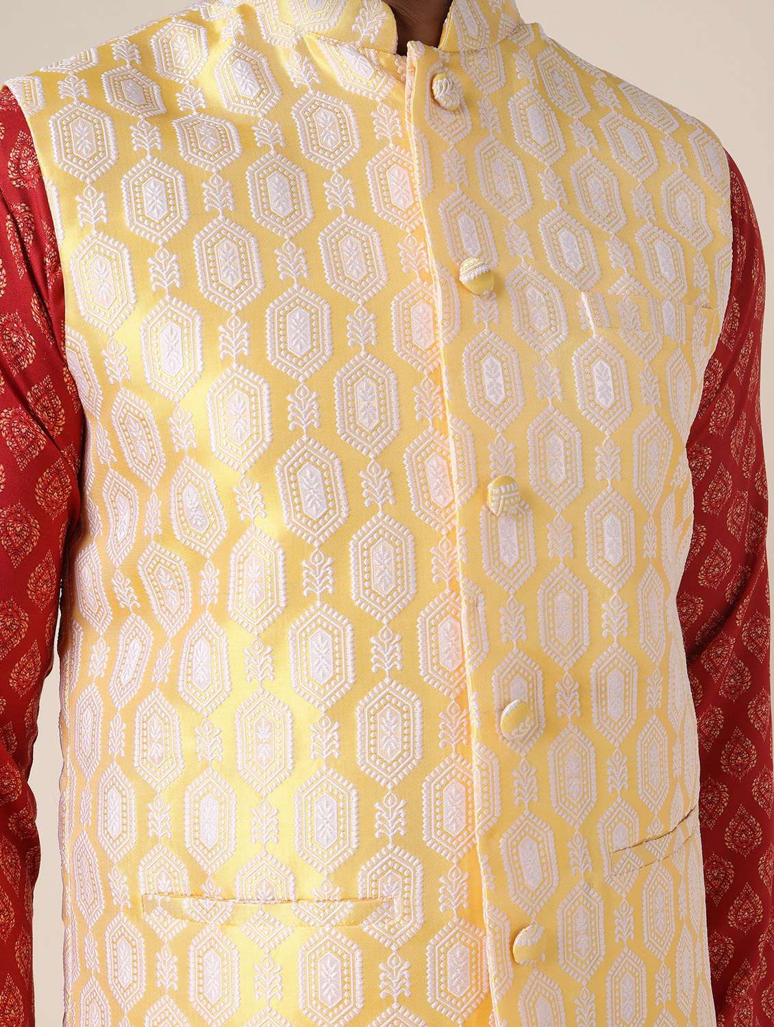 men printed mandarin neck kurta pyjama with jacket ethnic wear set - 22228055 -  Standard Image - 5