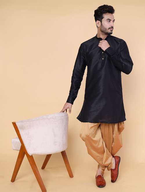 men solid mandarin neck dhoti kurta ethnic wear set - 22228057 -  Standard Image - 0
