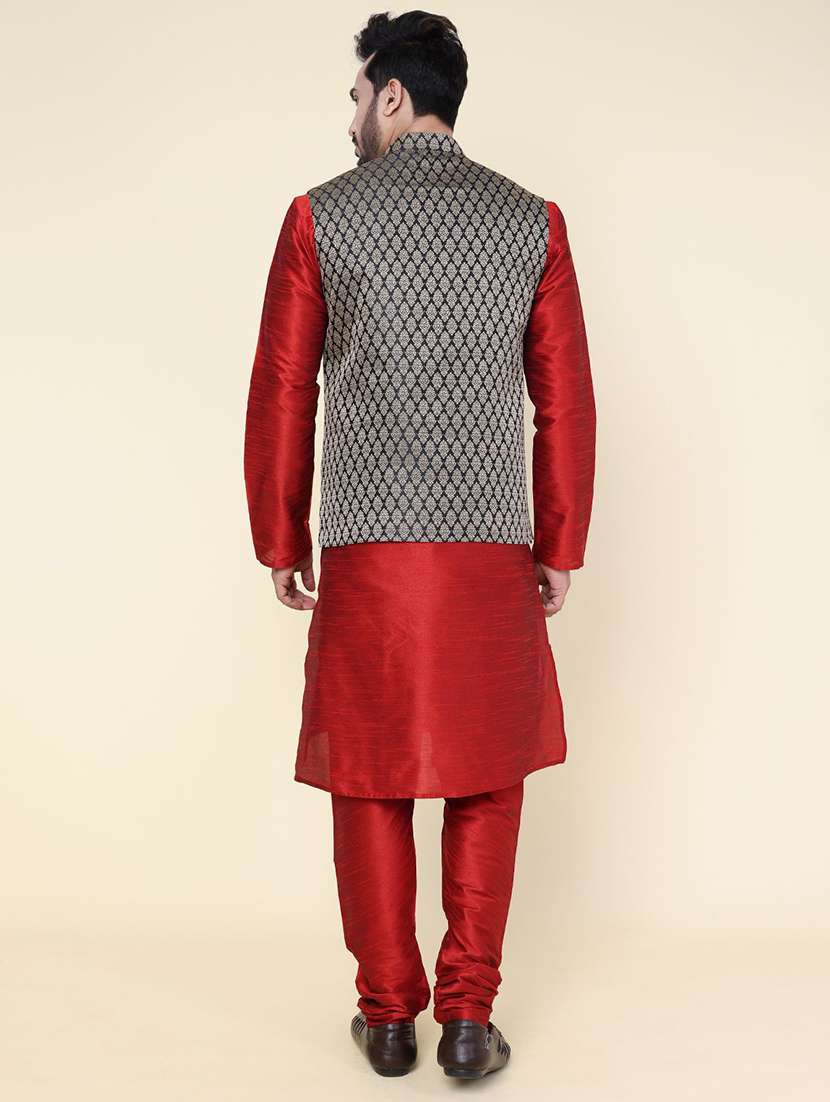 men solid mandarin neck kurta pyjama with jacket ethnic wear set - 22228061 -  Standard Image - 3