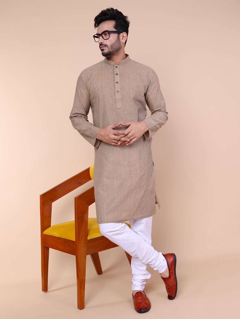 men solid long sleeve kurta churidar ethnic wear set