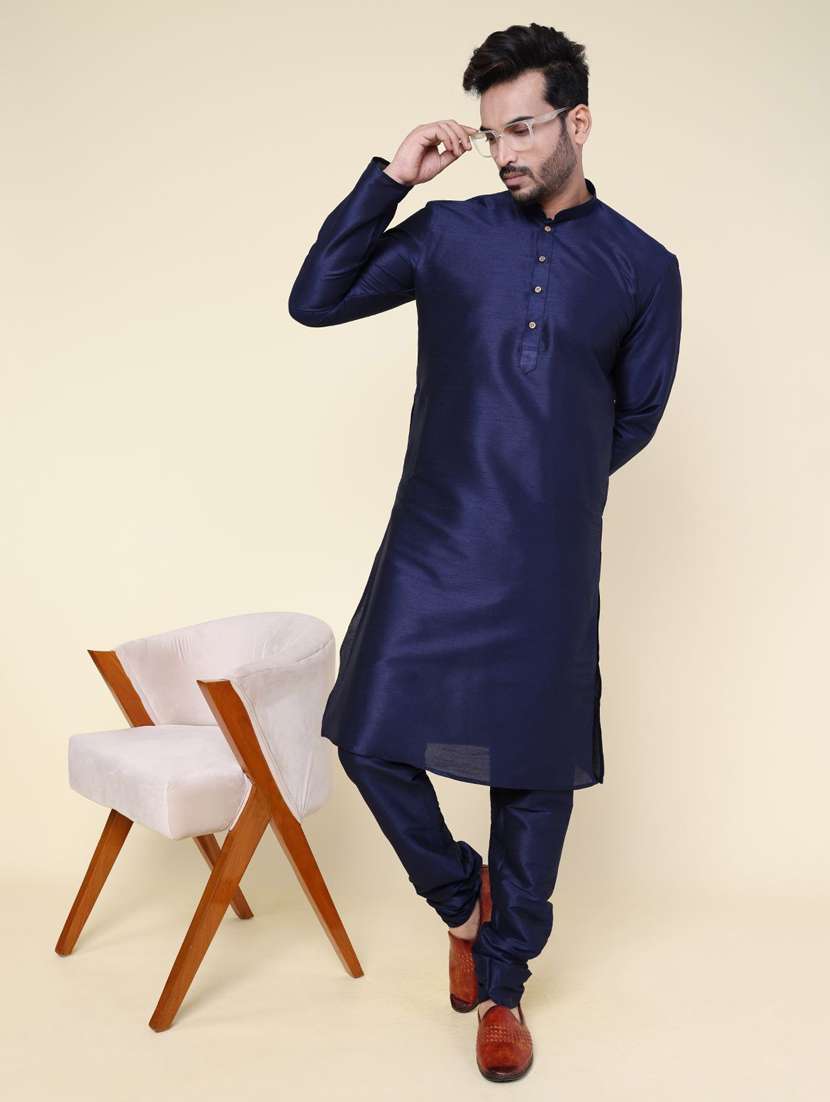men solid long sleeve kurta churidar ethnic wear set