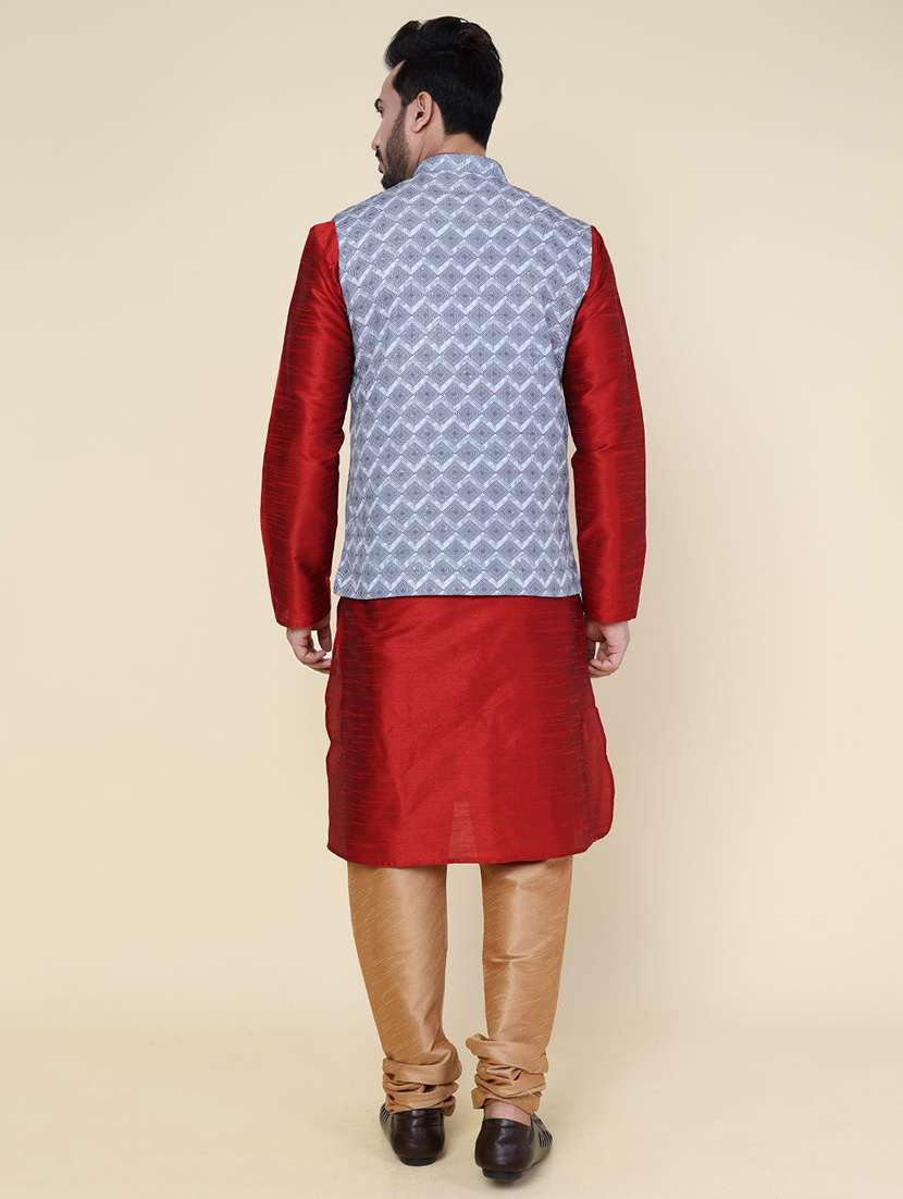 men solid mandarin neckkurta pyjama with jacket ethnic wear set - 22228080 -  Standard Image - 3