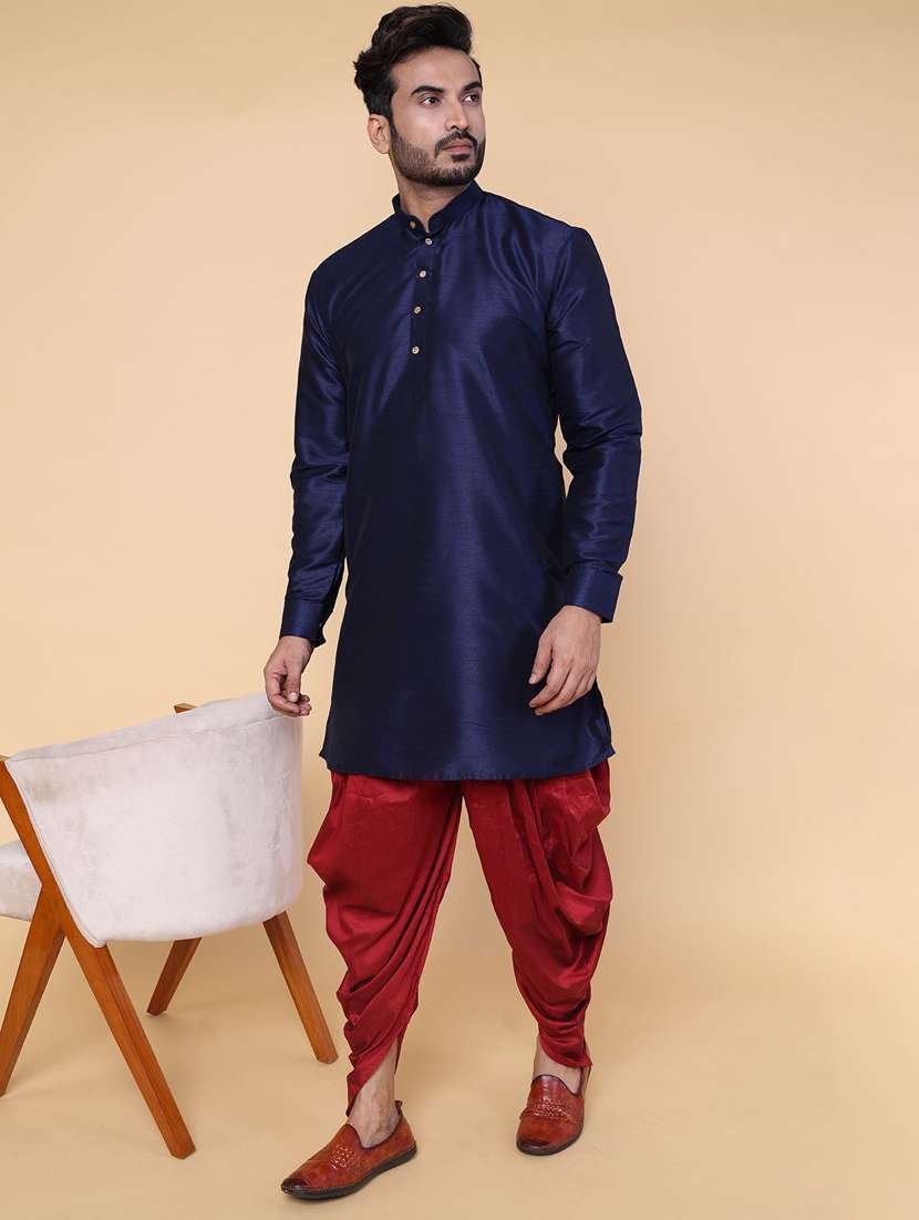 men solid mandarin neck dhoti kurta ethnic wear set