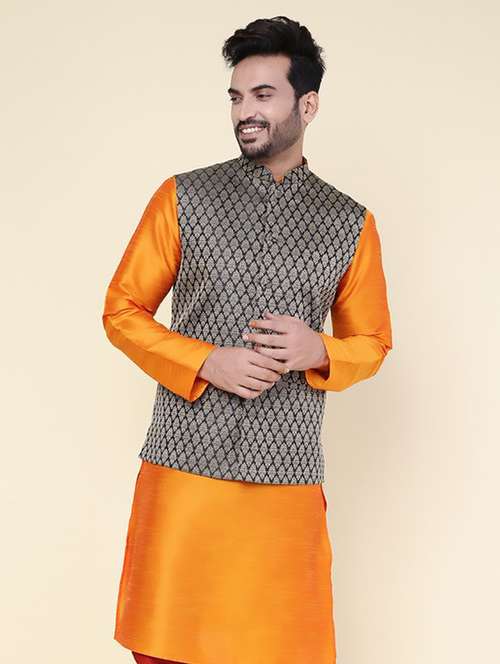 men self design mandarin neck regular fit nehru jacket - 22228091 -  Standard Image - 0