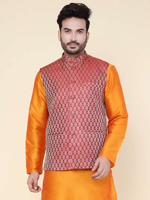 men self design mandarin neck regular fit nehru jacket - 22228092 -  Standard Image - 0