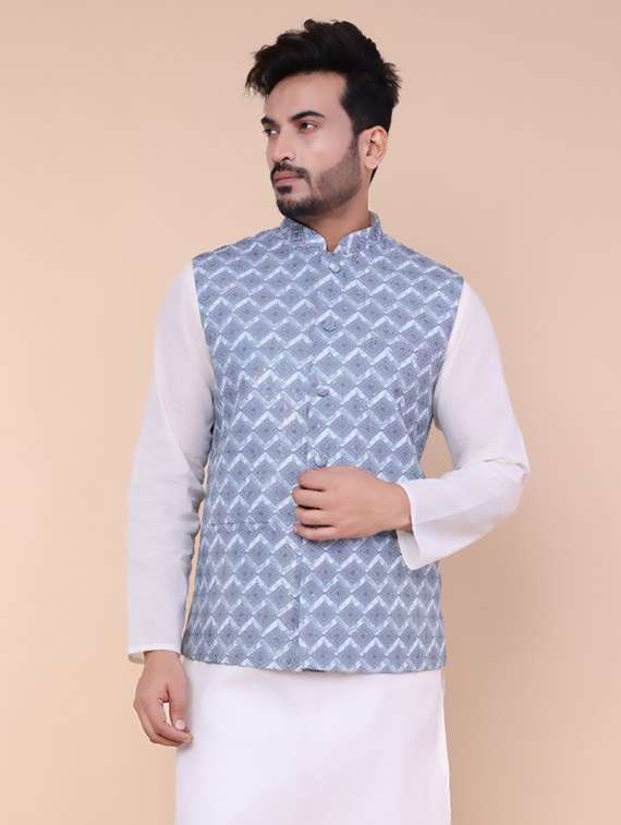 men geometric mandarin neck regular fit nehru jacket