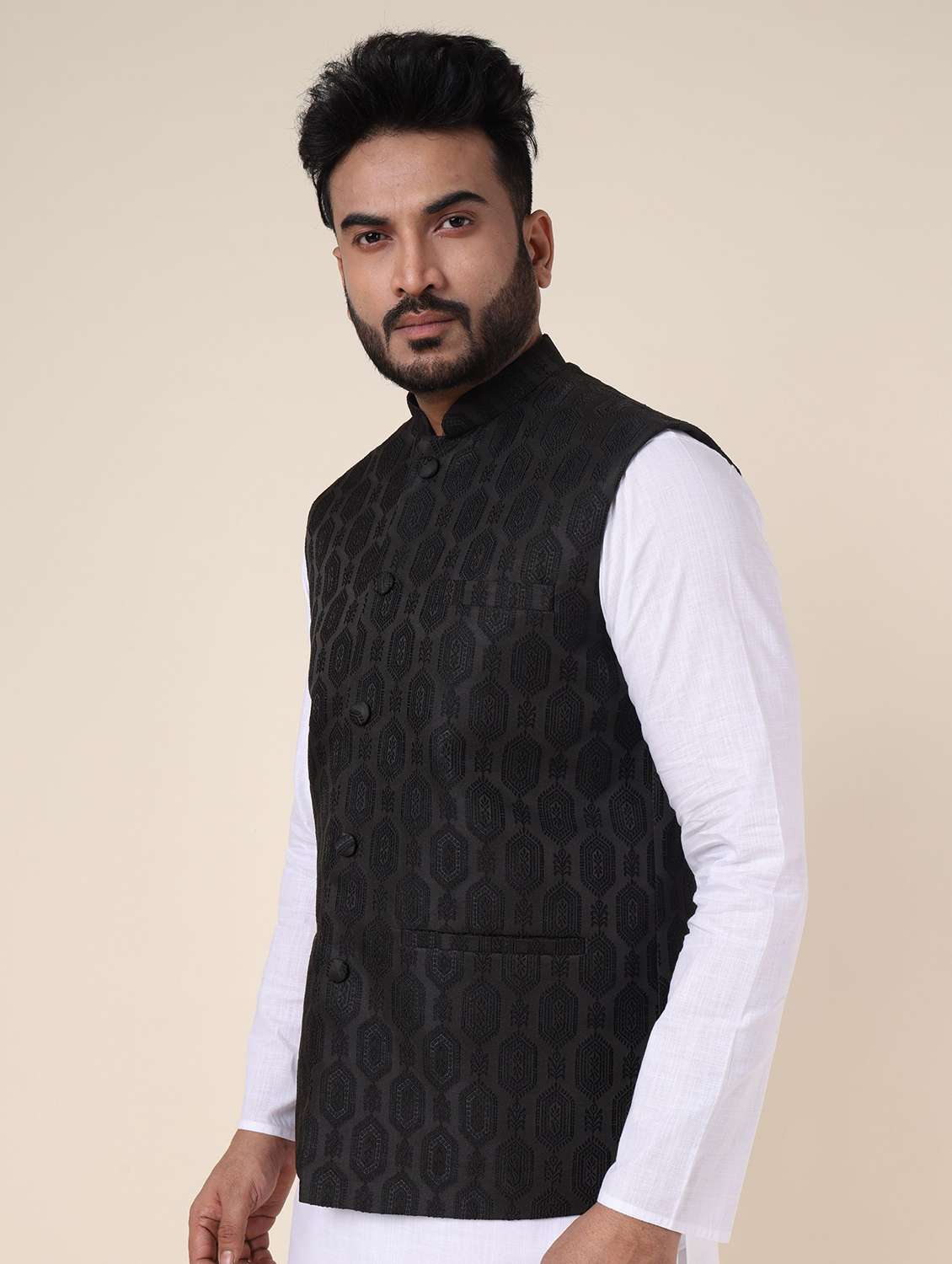 men self design mandarin neck regular fit nehru jacket