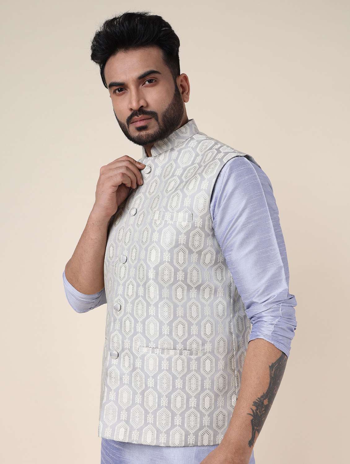 men self design mandarin neck regular fit nehru jacket