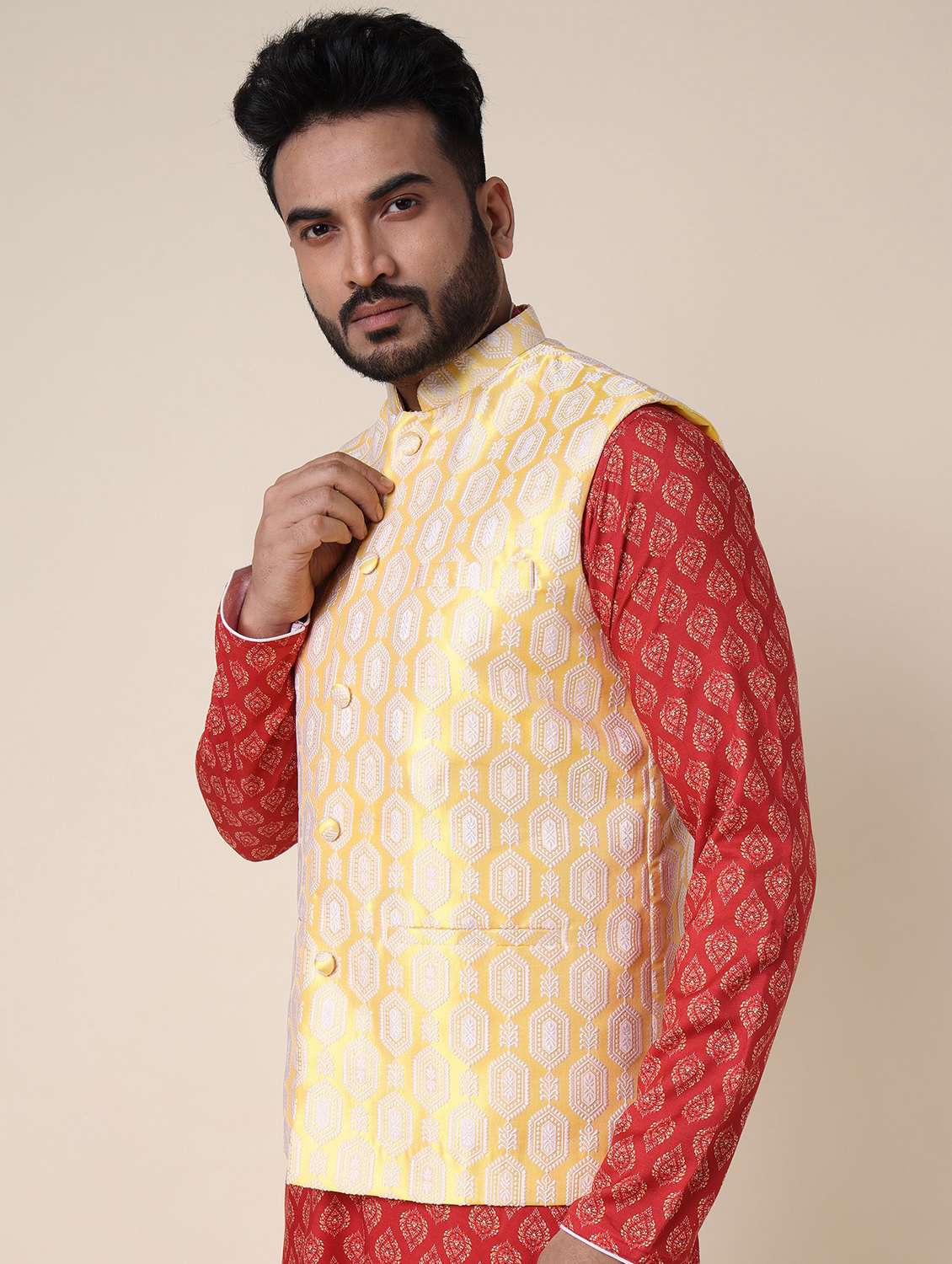 men self design mandarin neck regular fit nehru jacket