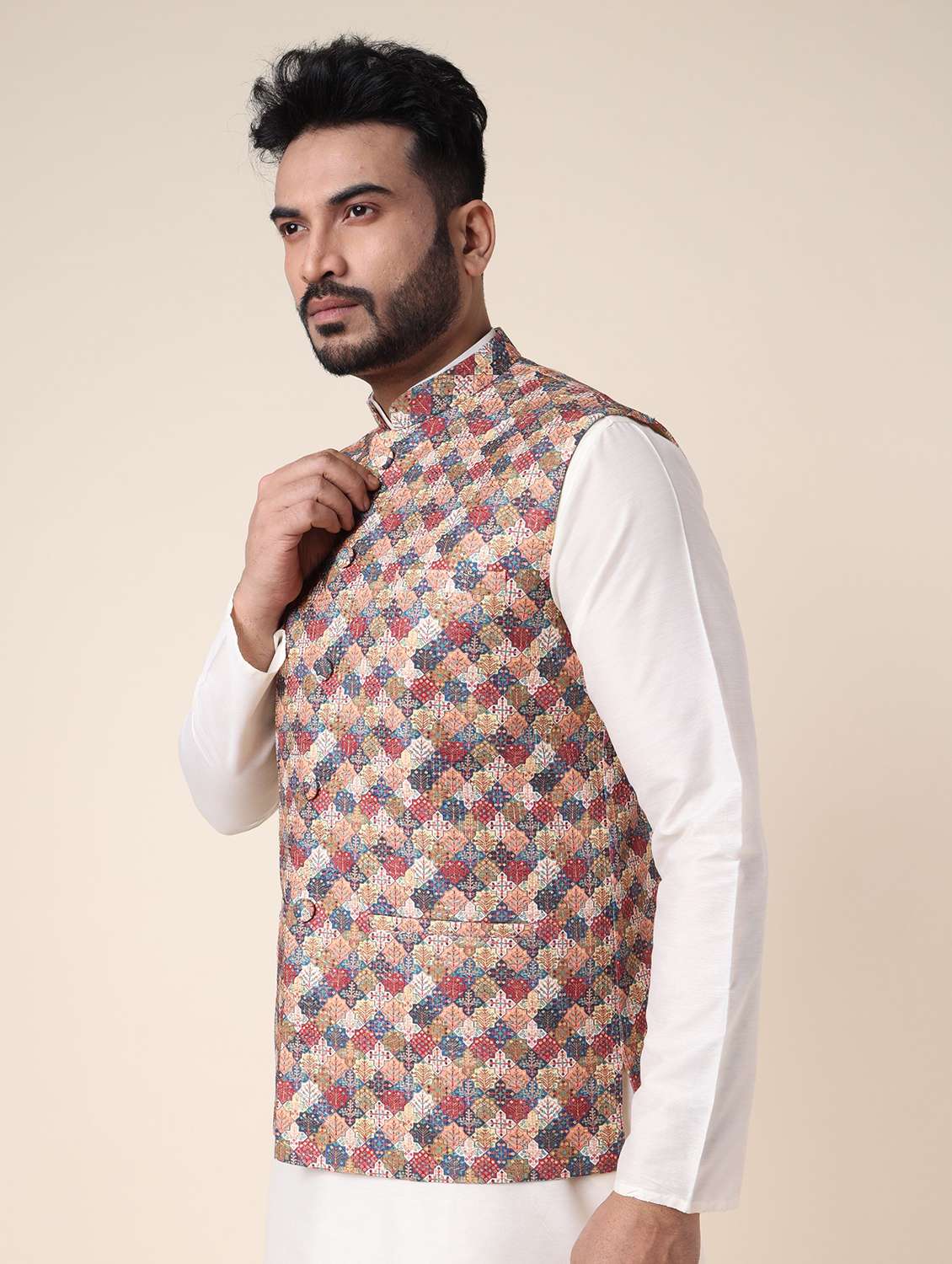 men printed mandarin neck regular fit nehru jacket