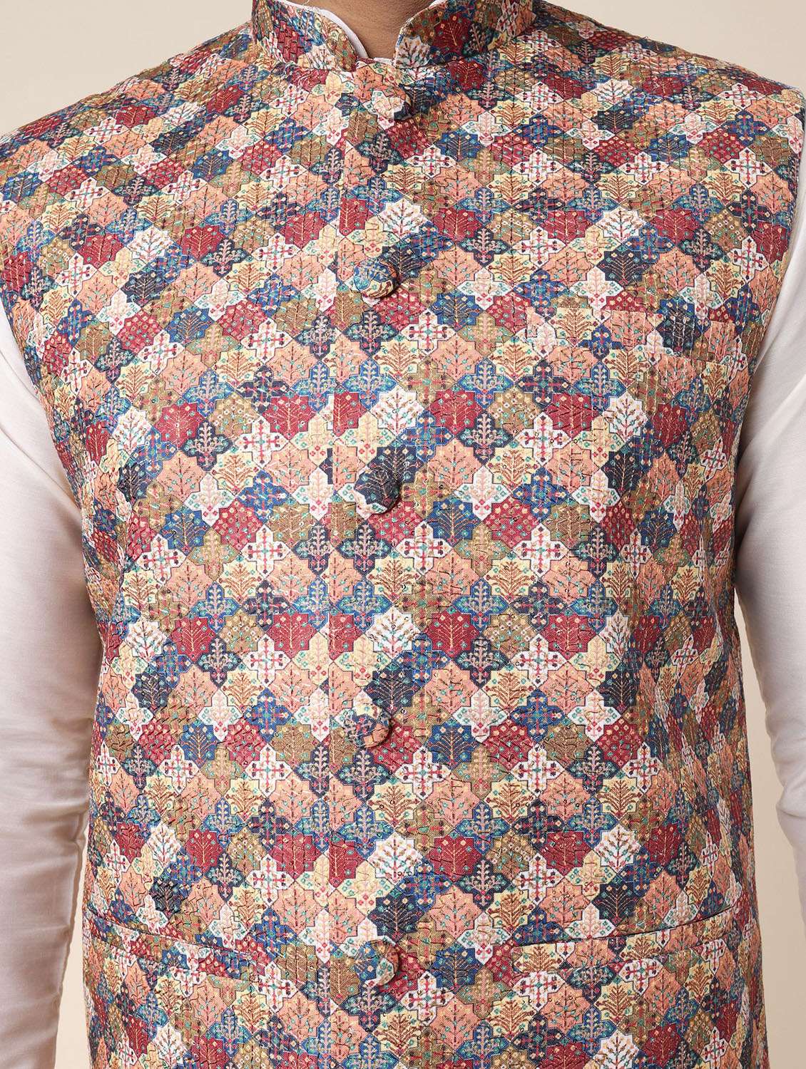 men printed mandarin neck regular fit nehru jacket - 22228100 -  Standard Image - 3