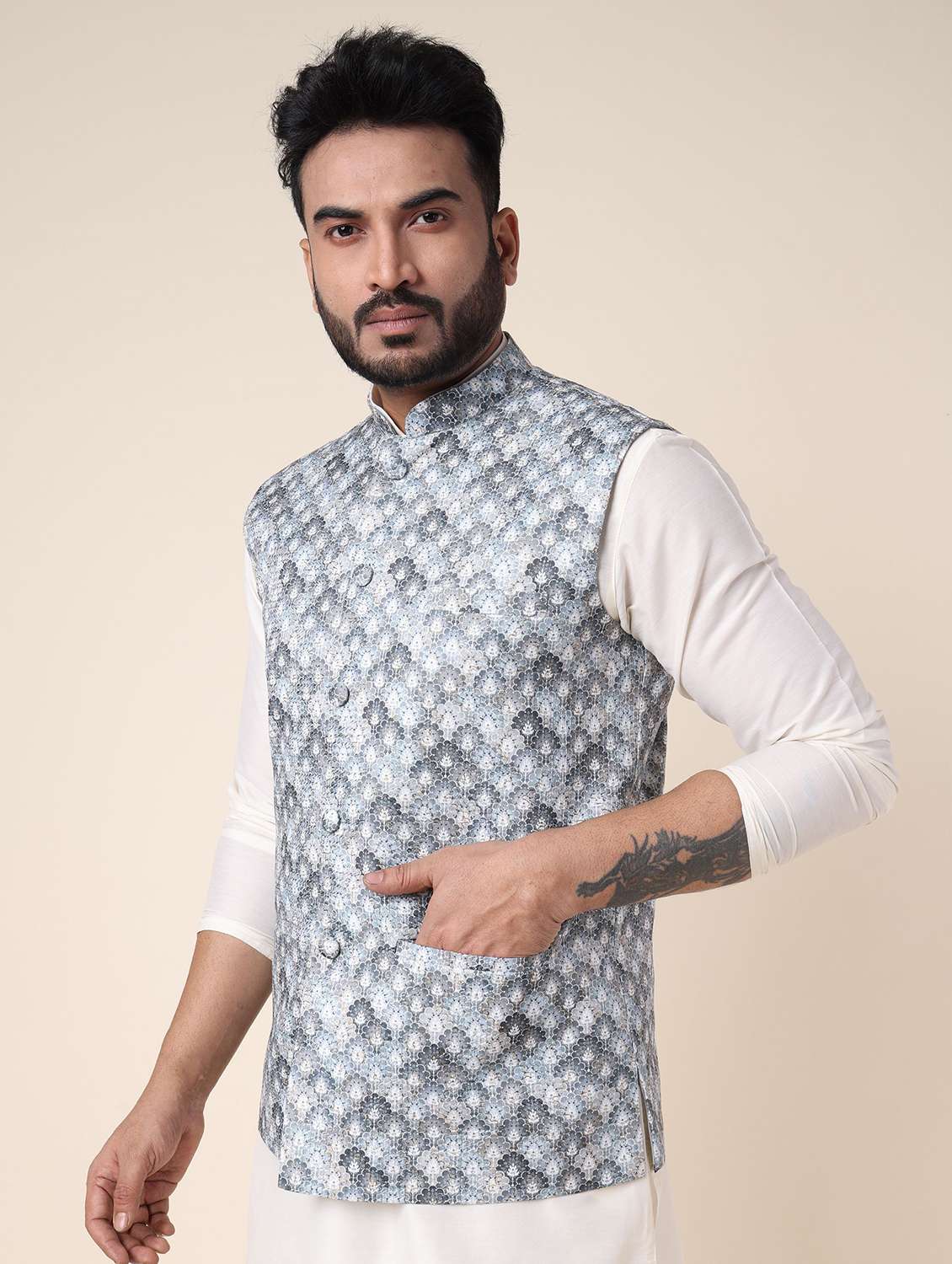 men printed mandarin neck regular fit nehru jacket