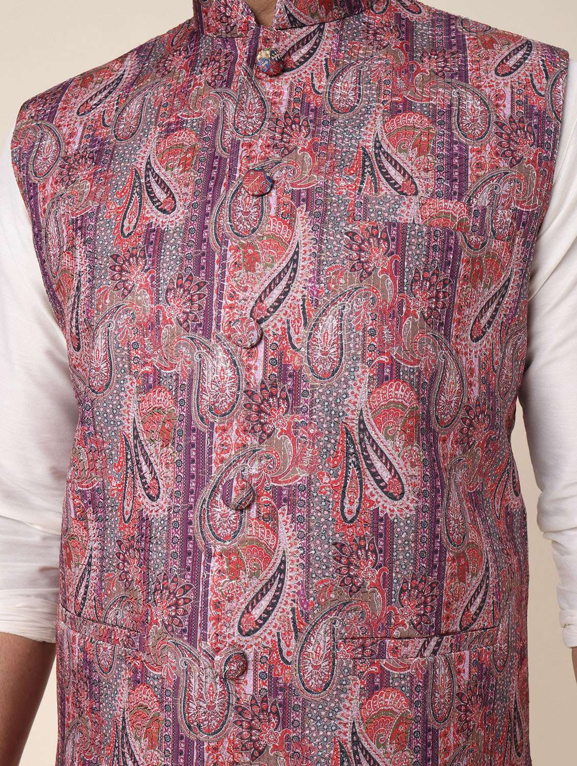 men paisley mandarin neck regular fit nehru jacket - 22228103 -  Standard Image - 3