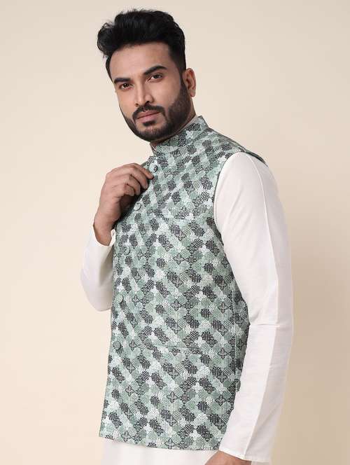 men printed mandarin neck regular fit nehru jacket - 22228104 -  Standard Image - 0