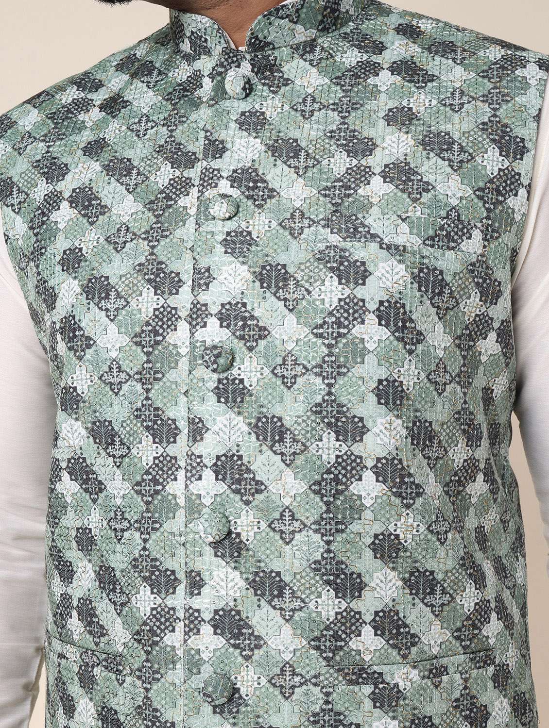 men printed mandarin neck regular fit nehru jacket - 22228104 -  Standard Image - 3