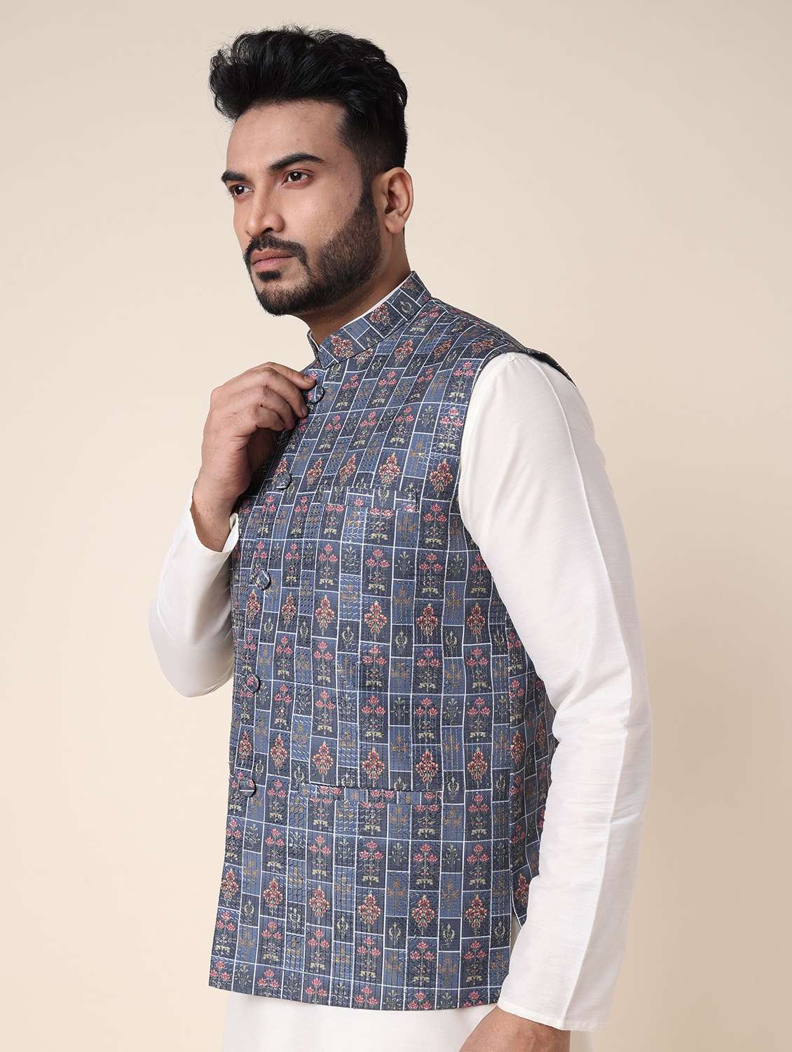 men printed mandarin neck regular fit nehru jacket