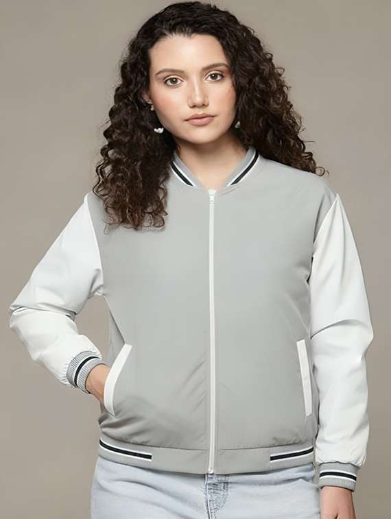 women color blocked long sleeve varsity jacket