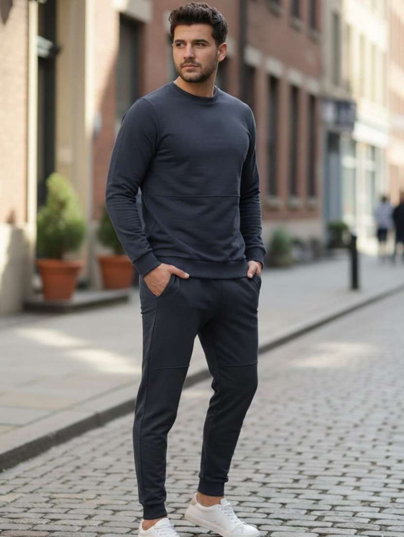 men solid long sleeve full length track suit