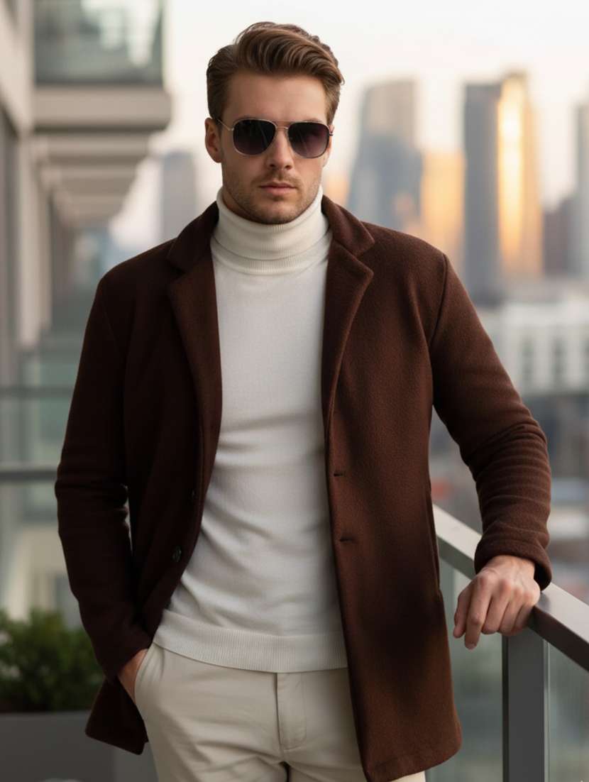 men solid lapel collar overcoat