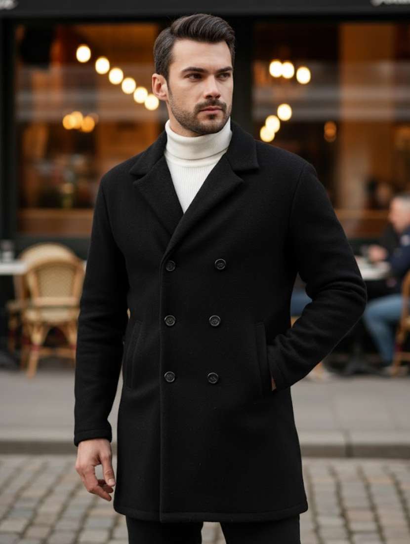 men solid lapel collar overcoat