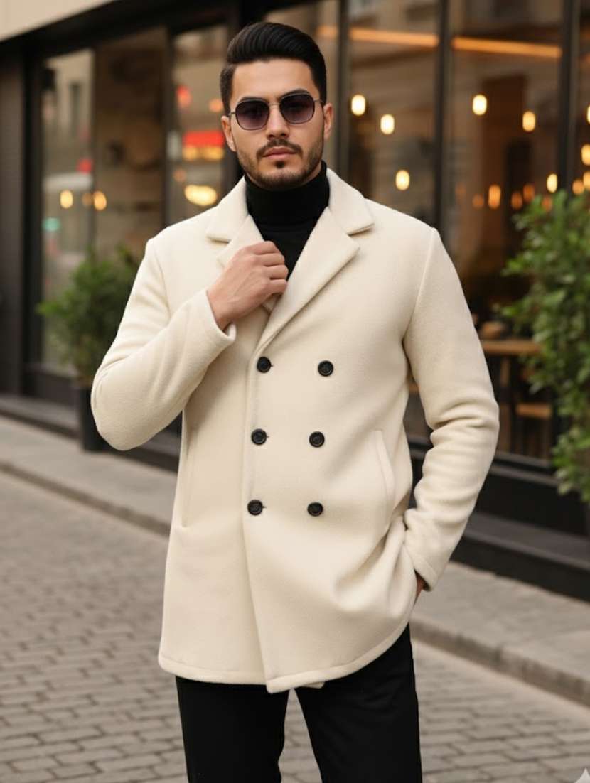 men solid lapel collar overcoat