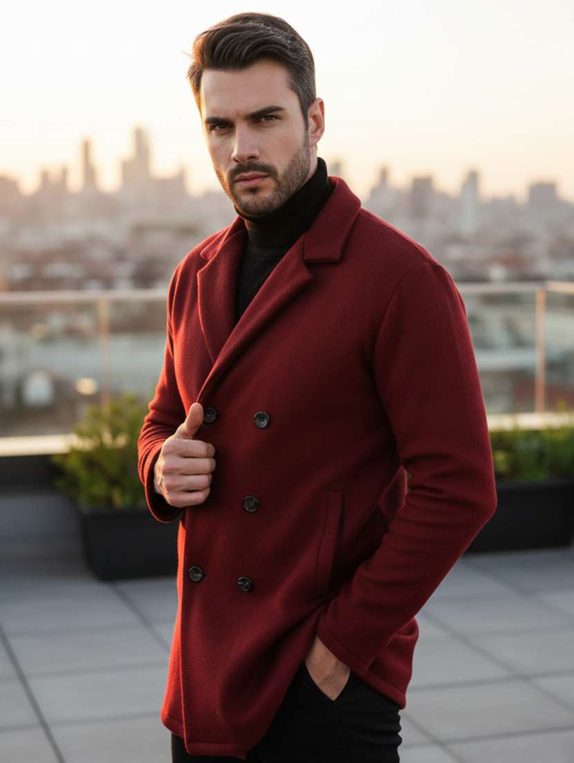 men solid lapel collar overcoat